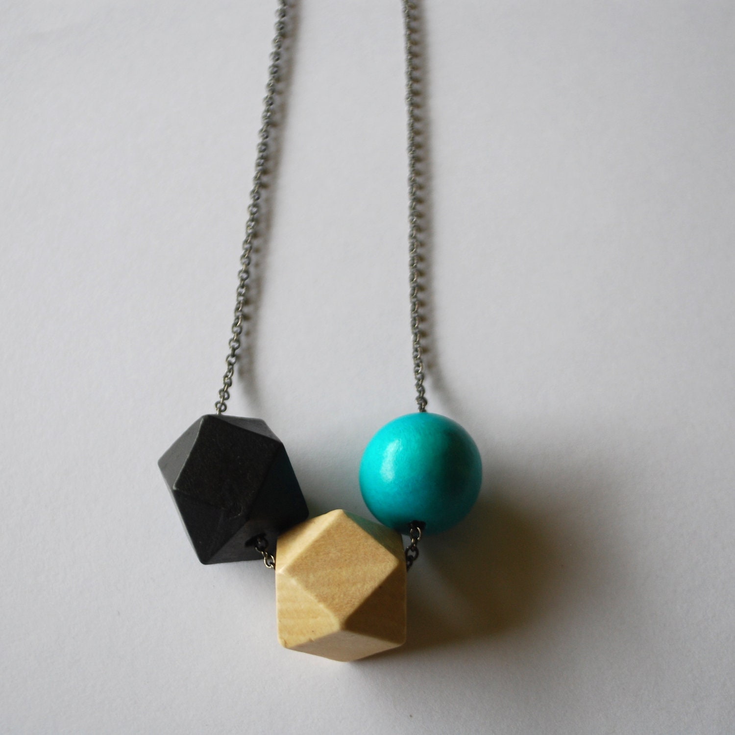 Faceted Geometric Necklace - 3 Wooden Beads on Gunmetal