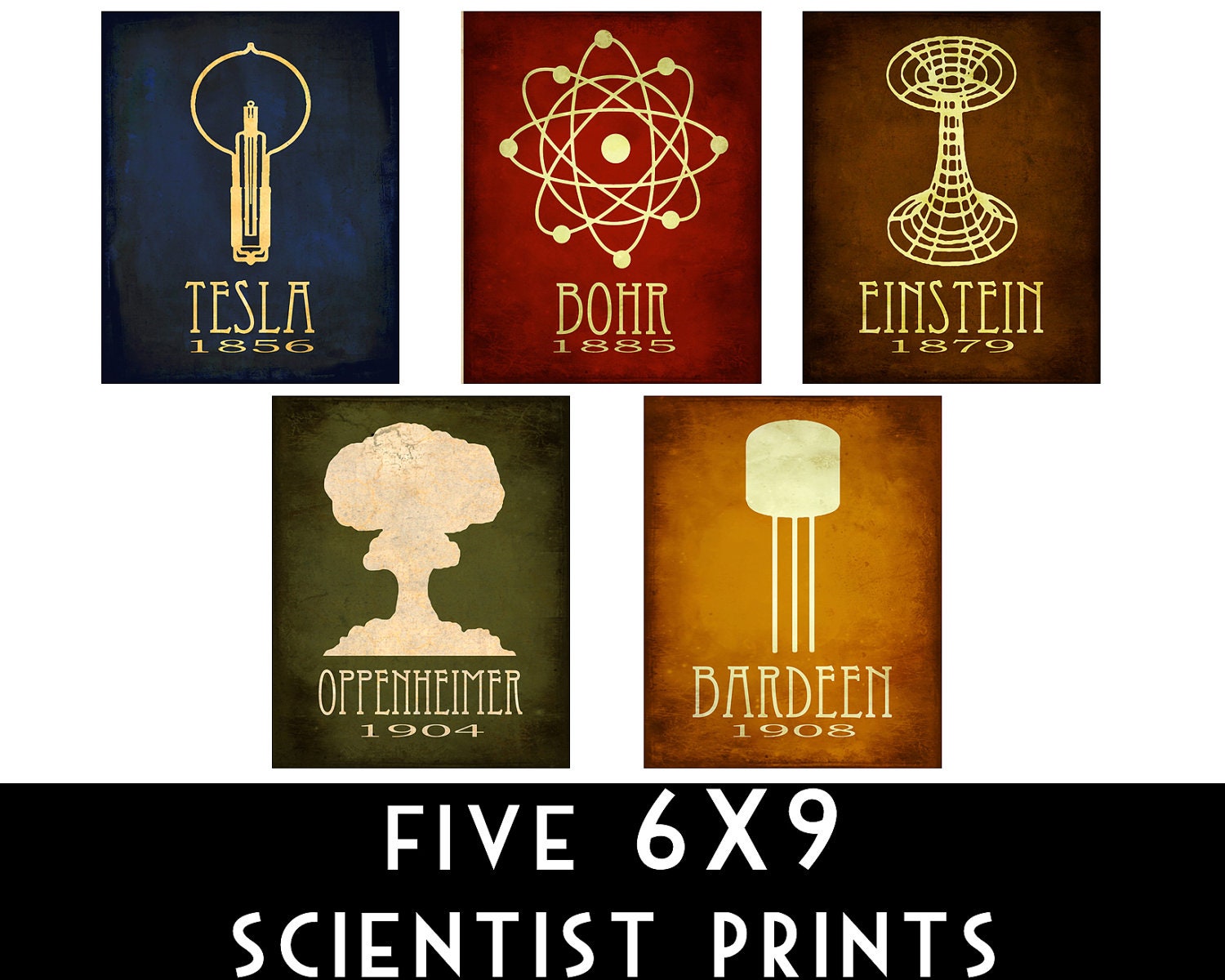 6x9 Steampunk Science Art Print 5 Rock Star Scientist Physics Diagram Educational Poster Geek Chic Tesla Edison Einstein Molecule Relativity
