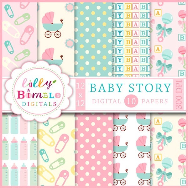Baby Story baby shower Digital scrapbook papers for cards, invites, INSTANT DOWNLOAD Il_570xn