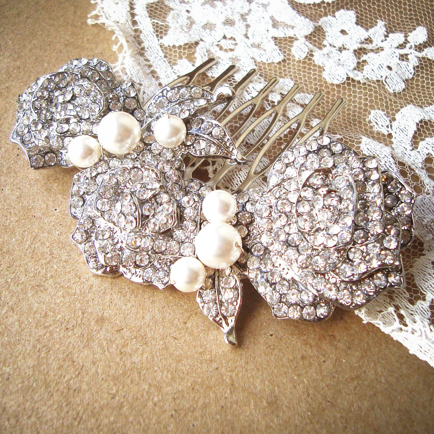 Bridal Hair Comb, Pearl and Rhinestone Vintage Style Wedding Bridal Hair Comb, Rose Bridal Comb, Wedding Bridal Hair Accessory, DAMASK ROSE