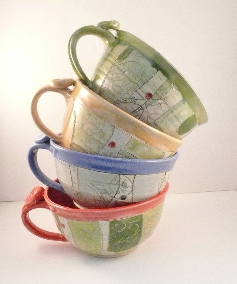 Four artistic ceramic soup mugs with handles SHIPS TODAY cappucino latte cups - handled soup bowls carved design Graduate Gift