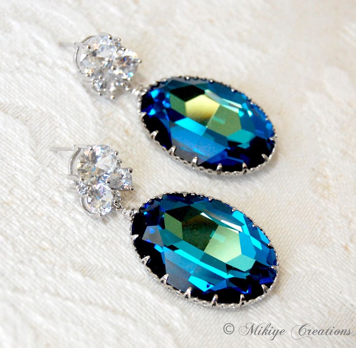 Wedding Earrings, Bridal Chandelier Swarovski Crystal Cubic Zirconia Drop Earrings - Lisette in Bermuda Blue, Wedding Accessories