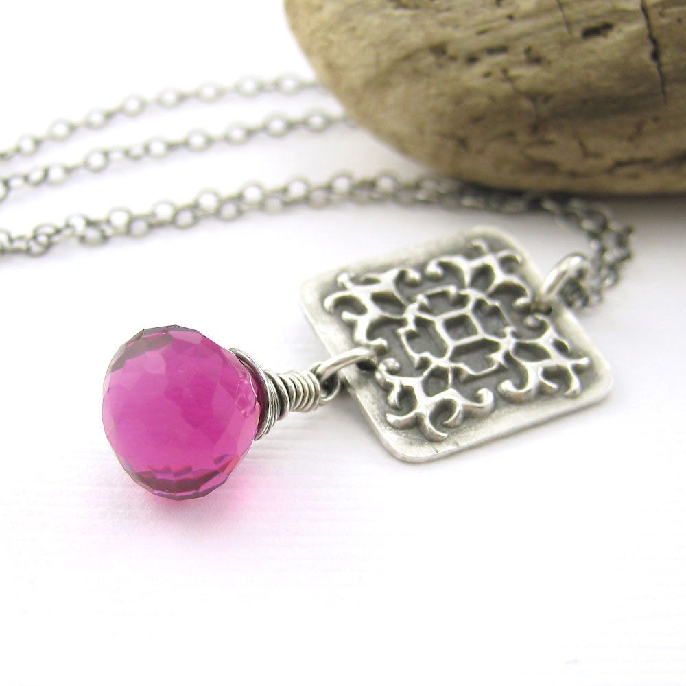 Handmade Square Necklace Silver Geometric Necklace Gemstone Fucshia Quartz - Amy No. 9 - Fashion Jewelry Under 50