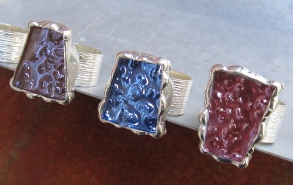 Pink Light Purple Blue Glass Big Rings Adjustable Wide Band by Heidi Urbanski on etsy