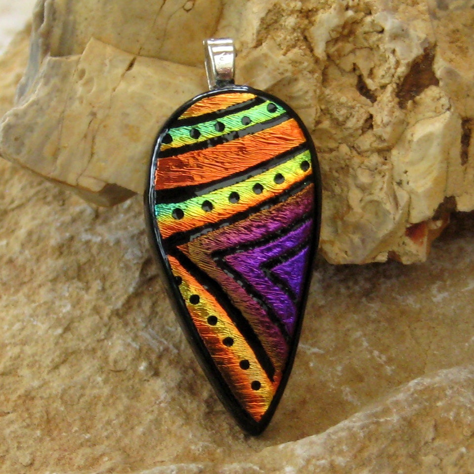 Dichroic Fused Glass Hand Etched  Pendant, Fused GlassTeardrop Pendant,    - Plum Chevron