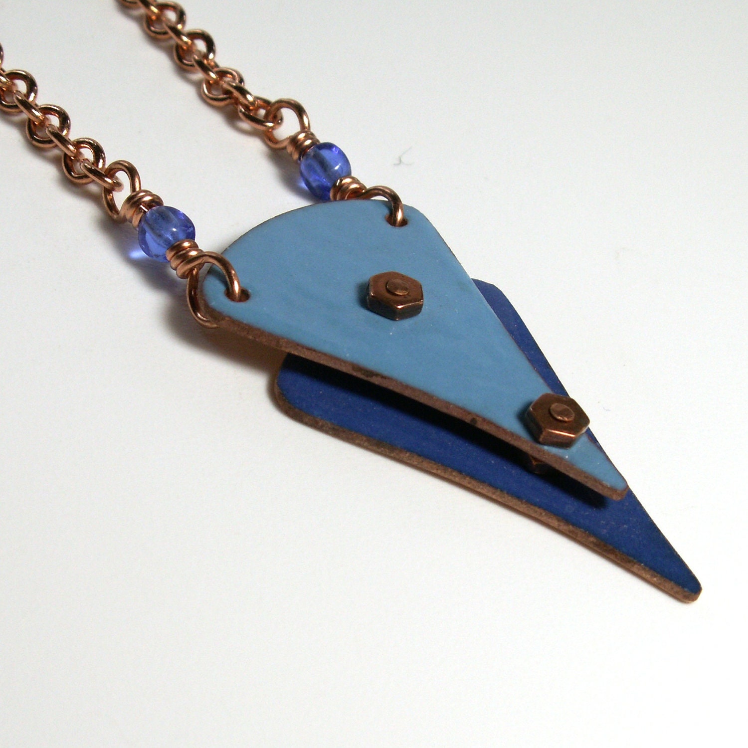 Blue Enamel Necklace . Chevron Jewelry . Copper Chain Necklace