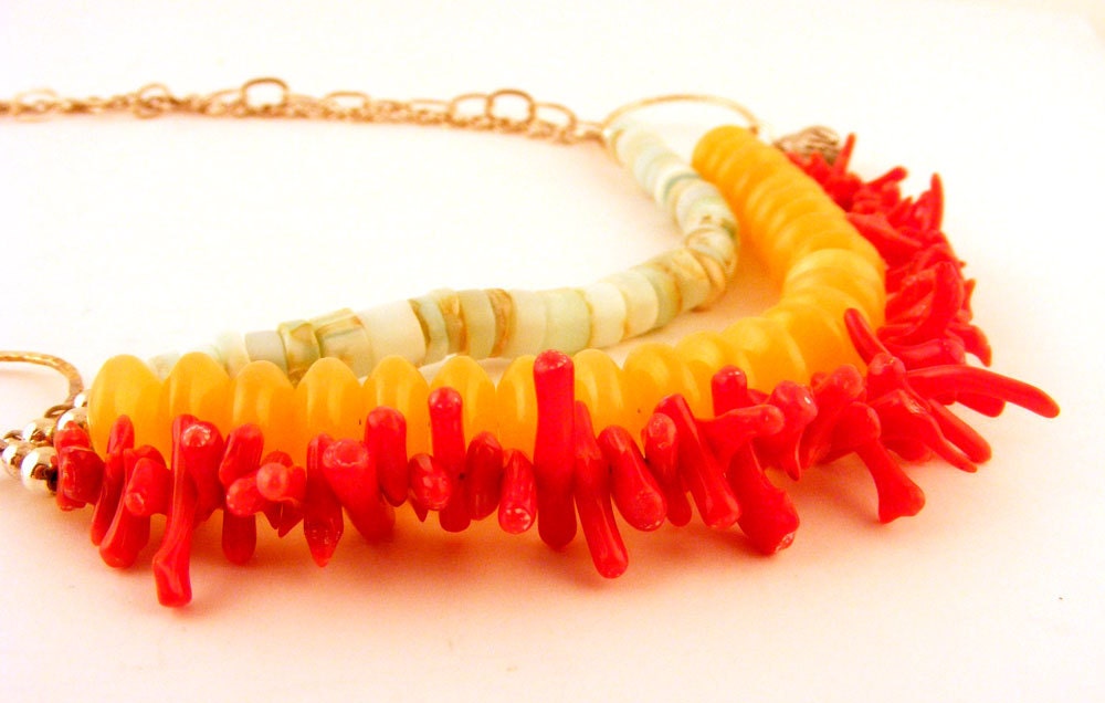 Mixed Gemstone Rainbow Necklace Coral Fringe Triple Strand with Bird Charm