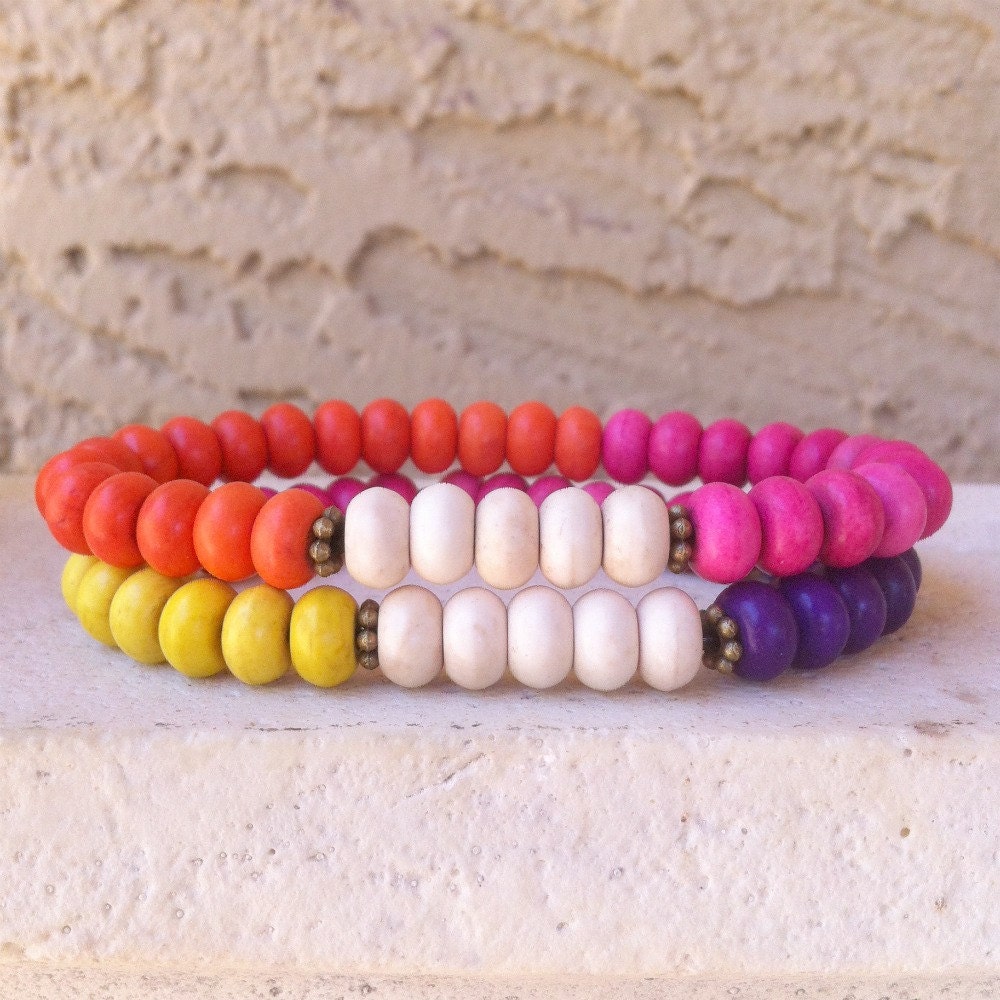 New - Color Block Stackers - Stretch Style Magnesite Bracelet Set - Candy
