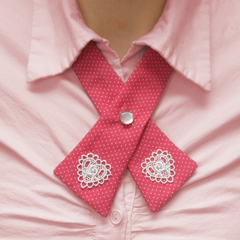 Womens Neck Tie - Hot Pink - Polka Dots - Lace Heart Appliques