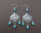 silver dream catcher earrings with crystal quartz and blue magnesite gemstone beads sterling silver earrings