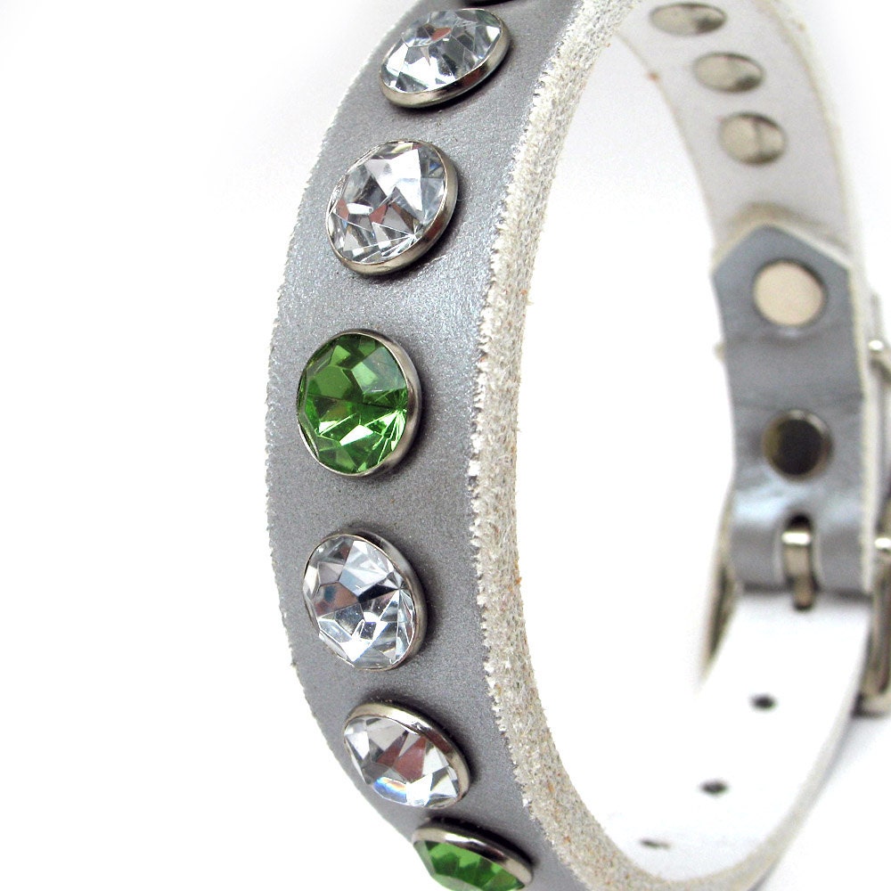 RESERVED For Carolyn - Dog Collar, Metallic Silver Leather with Giant Rhinestones, Size XS/S, 8-11in Neck, Eco Friendly