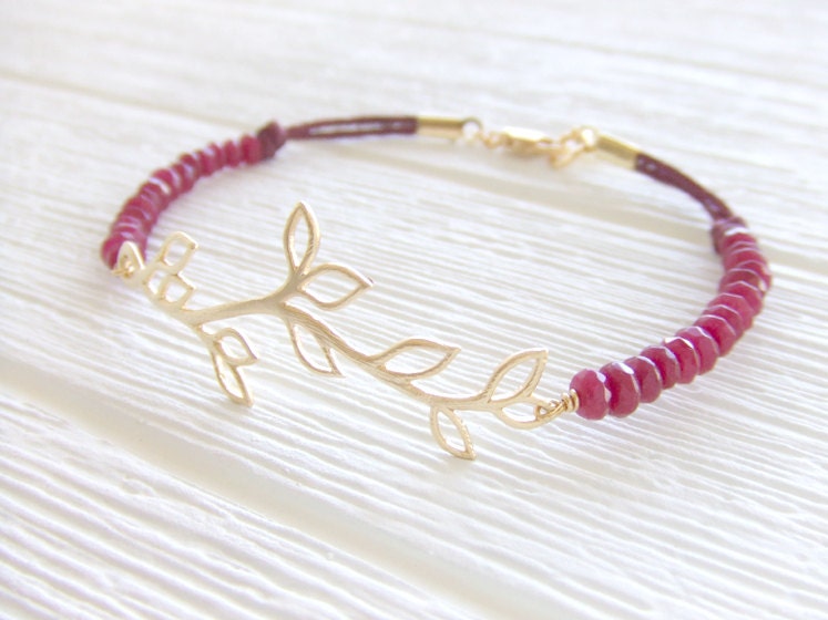 Ruby Red Vine Jewelry Bracelet, 16K Gold Plated Branch, Leafs, July Birthstone, Ruby Gemstone Rondelles, Gift for Her
