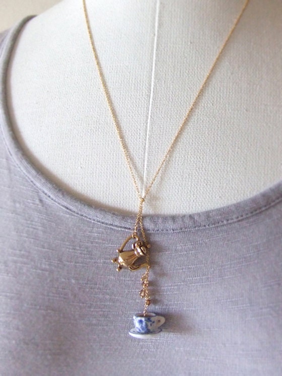 Breakfast Coffee Lariat Necklace, Teapot Gold Jewelry, Blue China Tea Cup, Gift for Her