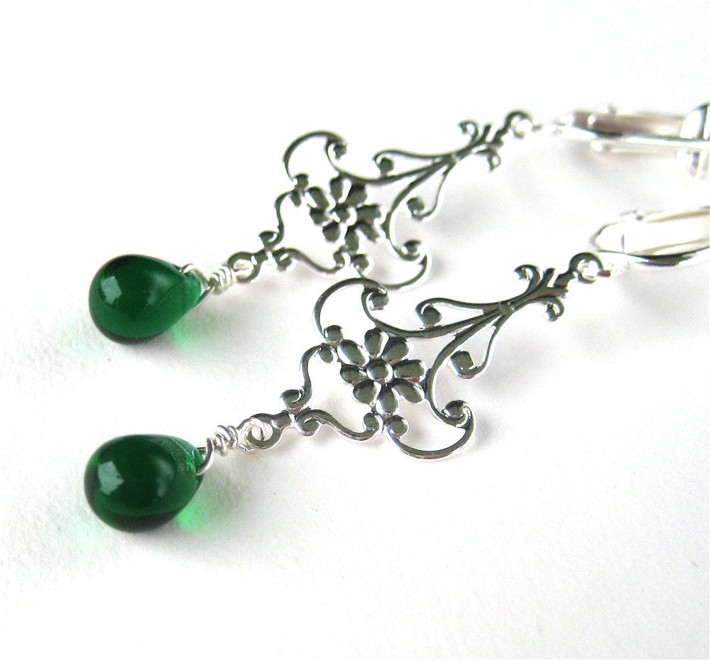 Emerald Green Drop Clip-on Earrings, Silver Dangle clip earrings, Maryanne Green