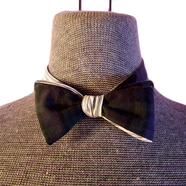 Reversible Bow Tie - Blue and White Stripe and Blue and Green Plaid - by Jen Ell's Revenge