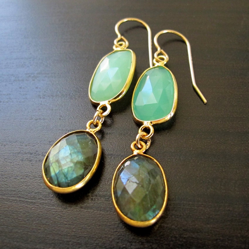 Faceted Green Chrysophase & Faceted Labradorite Earrings