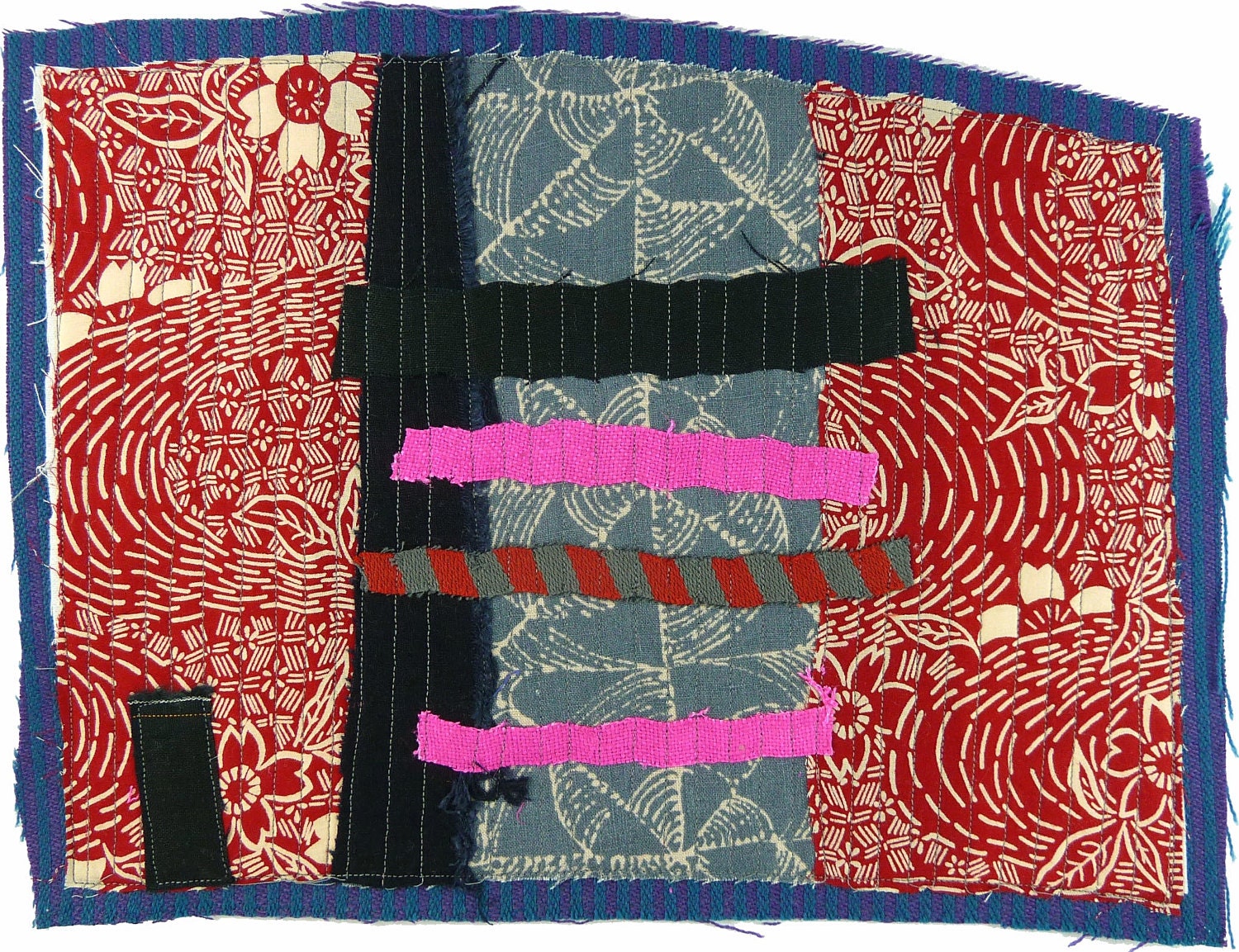 7.25.2012 small art quilt, contemporary, abstract, red and cream, grey and white, black red, grey, neon pink