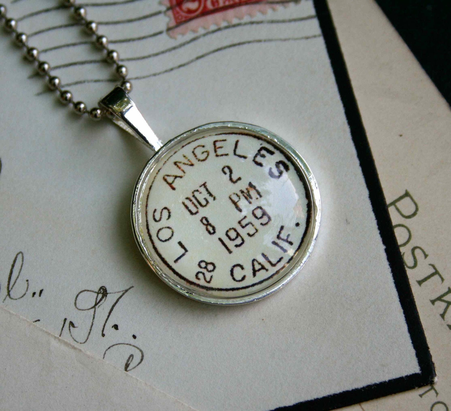 Los Angeles Vintage Postmark Necklace - Silver Necklace - Vintage Postage Los Angeles