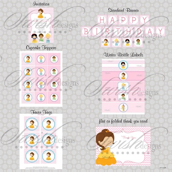 Princess Birthday Party - Printable DIY Includes custom 5x7 invite, favor tags, cupcake toppers, water bottle labels and more Il_570xn