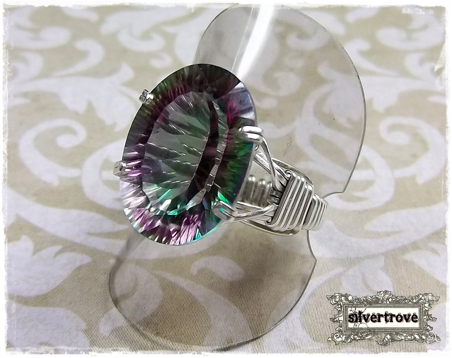 Sterling Silver Gemstone Ring Mystic Topaz 12 x 13 Oval Prong Set Size 8.5 Argentium  Wire Wrapped - IN STOCK