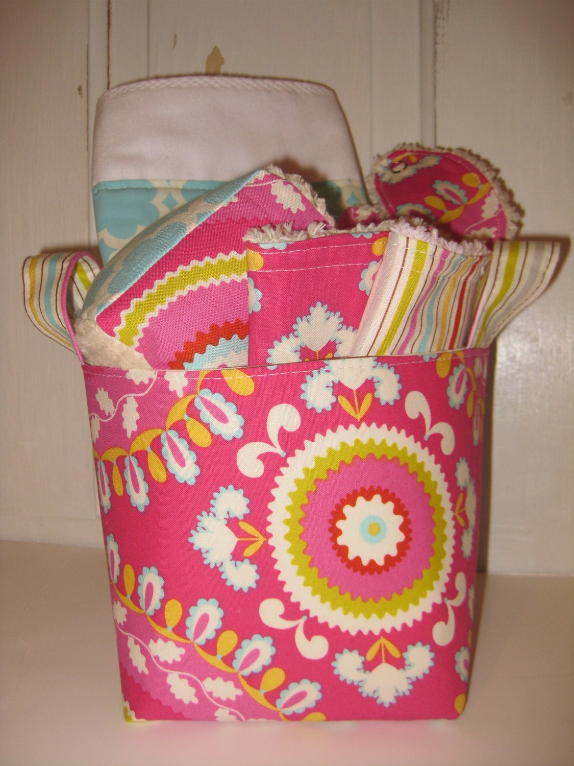 Kumari Garden--- Baby Gift Set--- Burp Cloth, Bib, Rattle Block, Wash Cloth Set and Fabric Basket