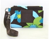 ROOMY TECH Cell Phone Wristlet Case Card Pocket Holder iPhone Wallet Purse / Turquoise Teal Lime on Brown