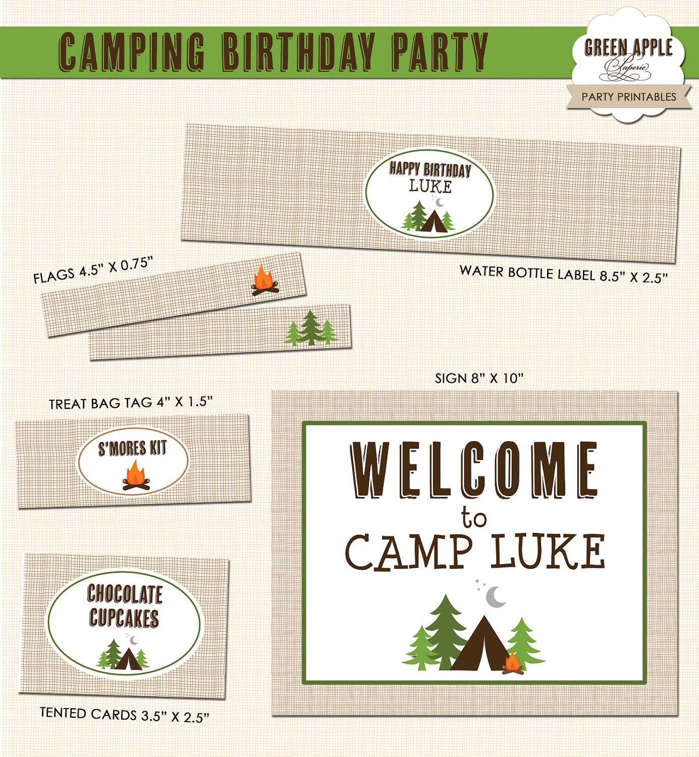 Camping Birthday Party - PRINTABLE ONLY - Banner, Toppers, Tags, Invitation and more