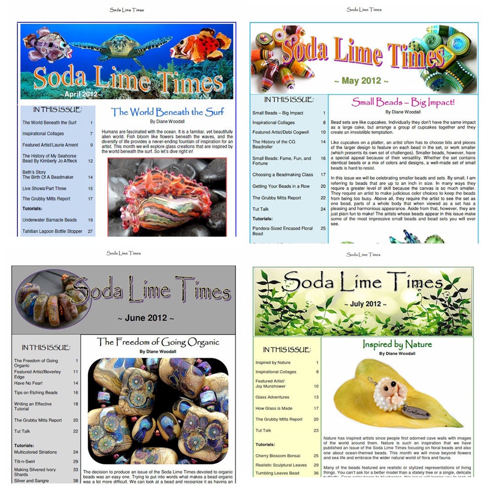 Back issue bundle - 4 issues of the Soda Lime Times Lampworking Magazine - April 2012 through July 2012 by Diane Woodall