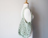Emerald Green and Cream Farmer's Market Bag Boho Garden Tote Rustic Cottage Chic Vintage Inspired - Medium Produce Tote - Sale