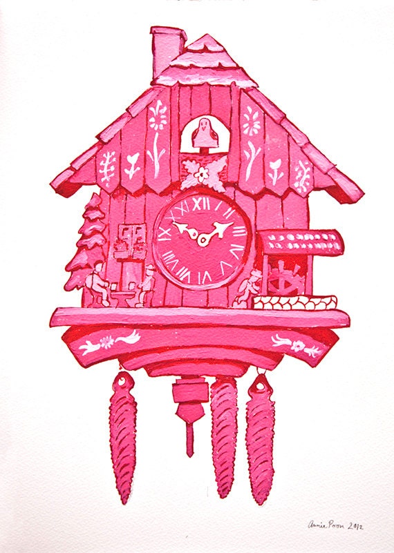 Pink Bubble Gum Cuckoo Painting- Print- Chalet in the Alps