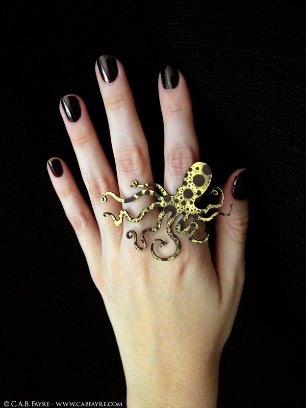 An Octopus Love Affair Ring - Ink Splatter Gold and Black Acrylic (C.A.B. Fayre Original Design)