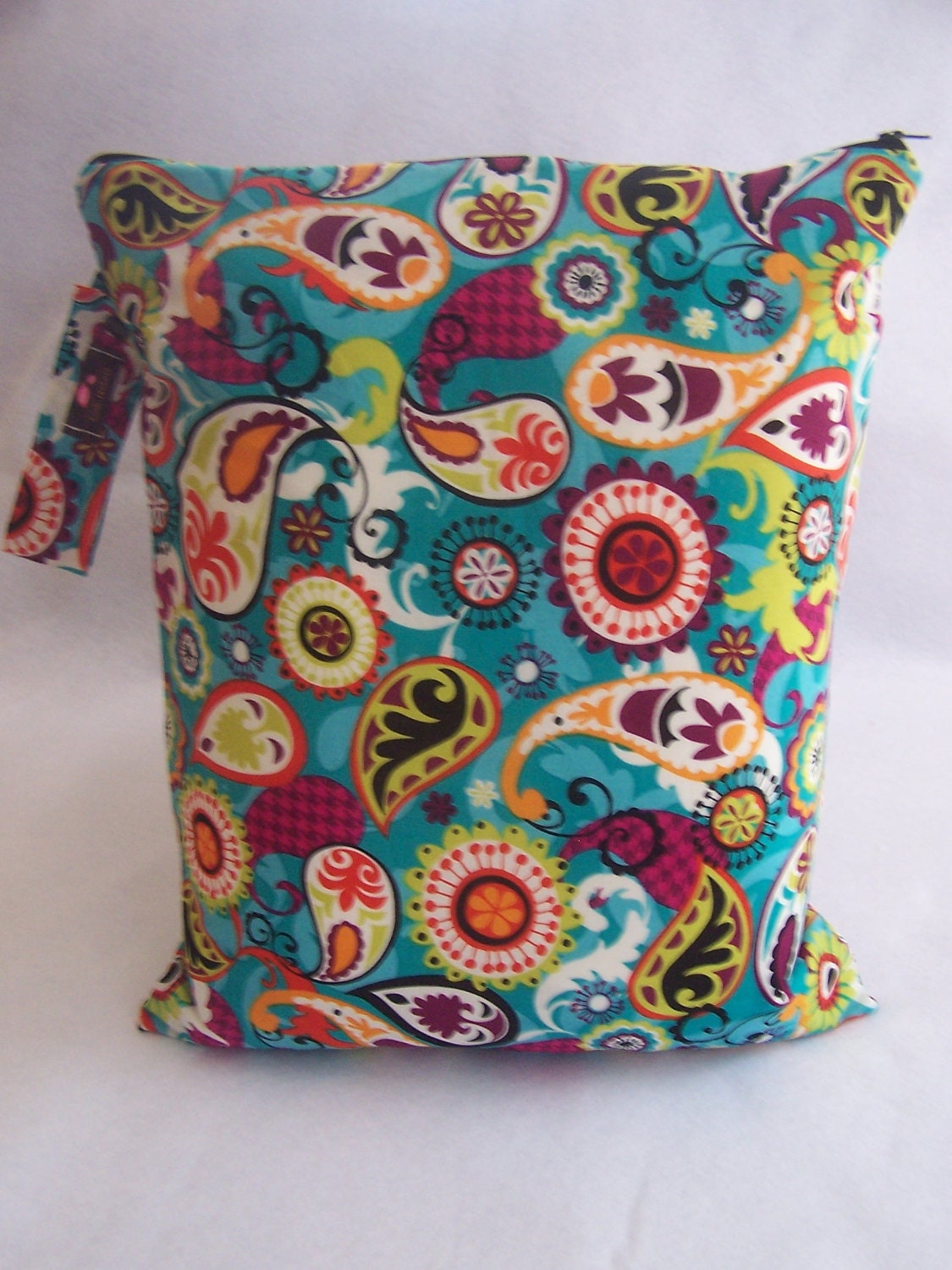 XLarge Waterproof Wet Bag- 14 x 17-With Snap Handle and Zipper Turquoise Paisley