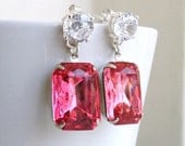 Bridal Earrings Fuchsia Hot Rose Pink Foiled Octagon Stone Rhinestone Silver Stud Bella E31F Estate Style Wedding Jewelry