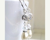 15% Off Sale Bridal CZ Earrings Swarovski Ivory Teardrop Pearl  Cubic Zirconia and Sterling Silver Dangle - Itzel E9 Wedding Jewelry