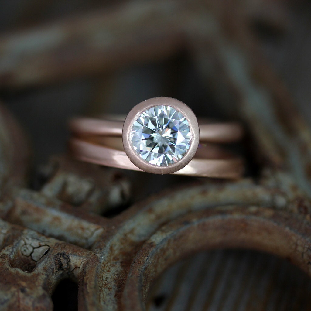 READY To Ship Size 8, 7mm Moissanite Engagement Ring, Modern Satellite Ring Design, Diamond Alternative in Recycled 14k Rose  Gold