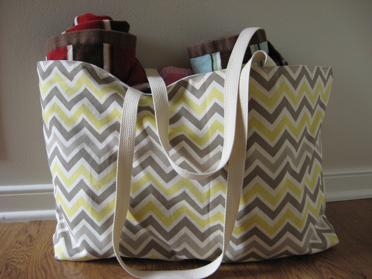 Extra Large Beach Tote, Beach Bag Chevron,  Yellow and Gray Chevron