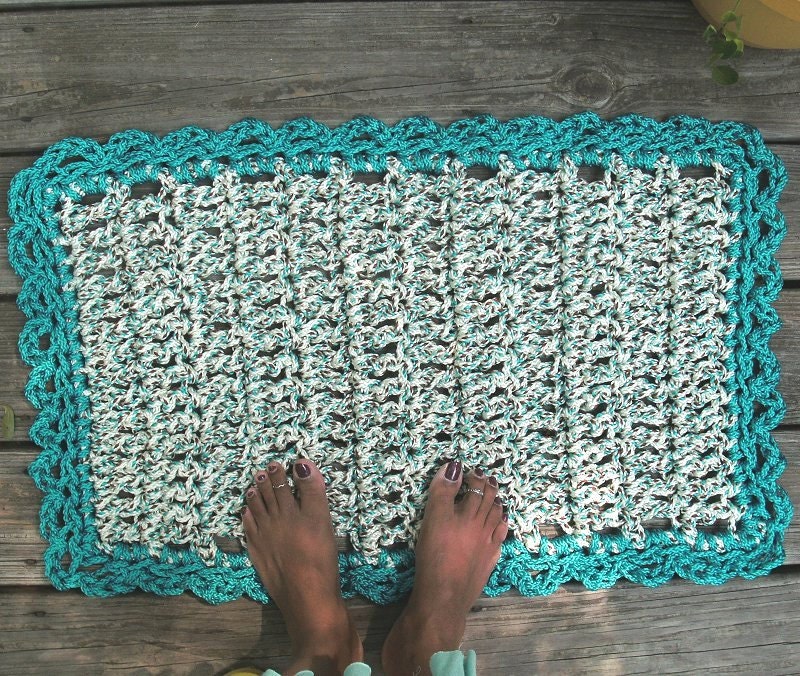 Turquoise, Brown and White Crochet Doormat READY TO SHIP