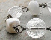 White Bracelet, Moonstone, Clear Quartz, Mother of Pearl, Chunky, Wire Wrapped, Sterlking Silver, Oxidized