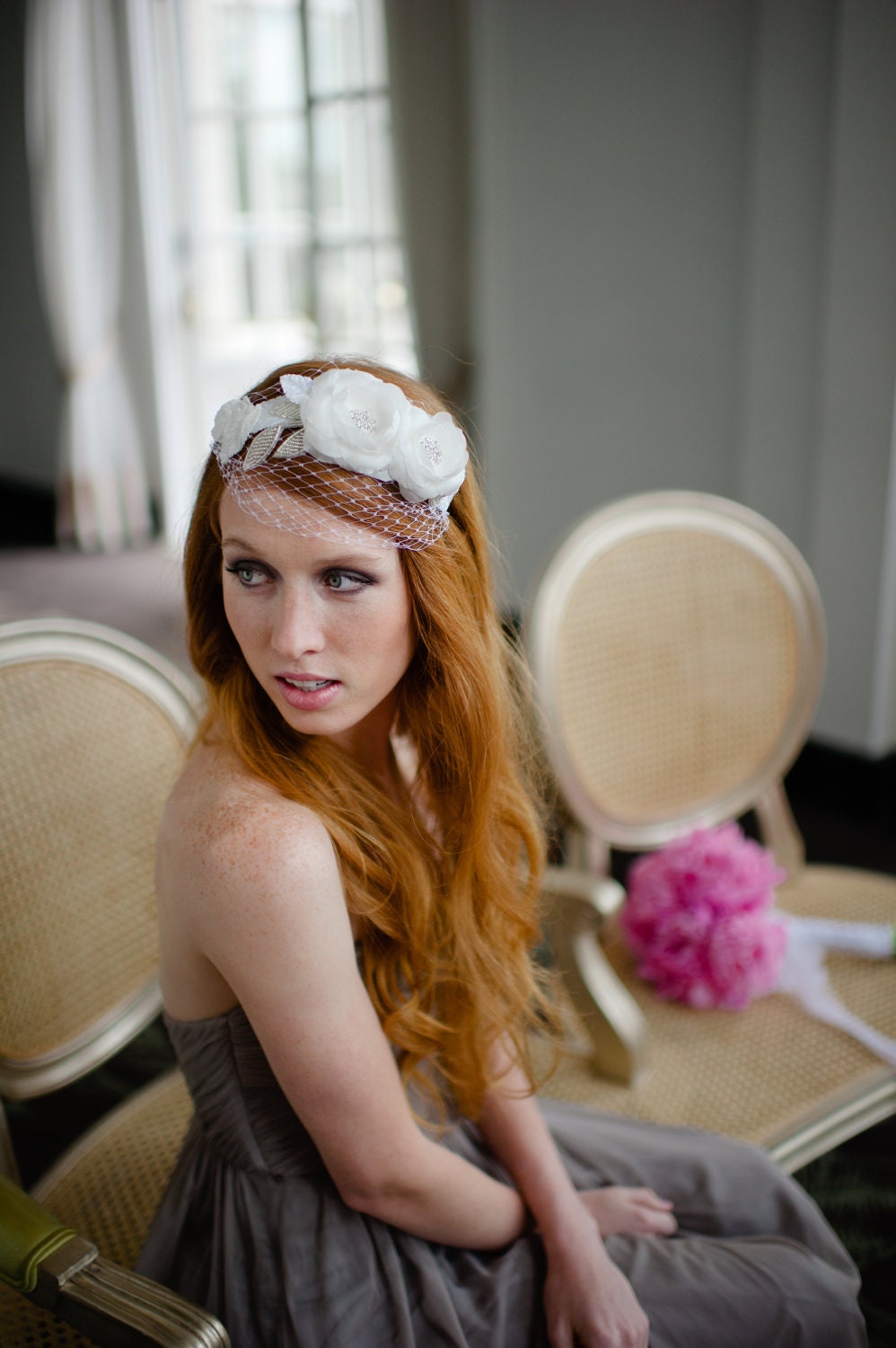 Bridal Hairband with Mini Veil in Light Ivory by FIne & Fleurie