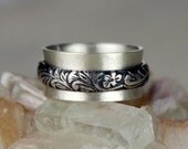 Floral Scroll Silver Spinner Ring, Flower and Leaf, Modern Vine
