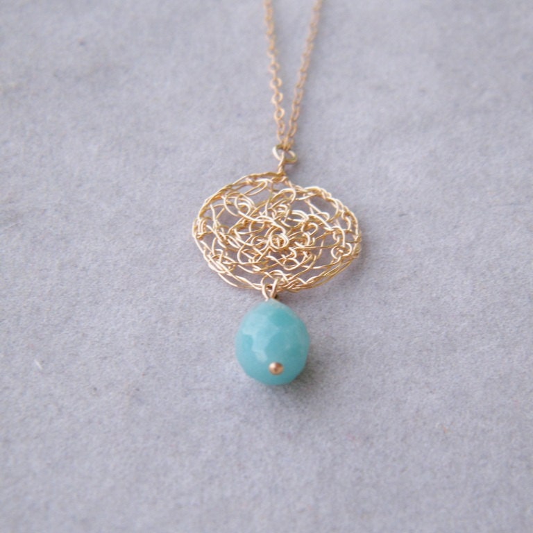 Amazonite Necklace, Long Necklace, Crochet Gold Necklace, Gemstone Necklace, 14k Gold Filed Necklace