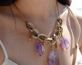 Amethyst Statement Necklace w/ Mixed Metal Vintage Brass Spikes, Love Charm, Purple Amethyst Gemstone