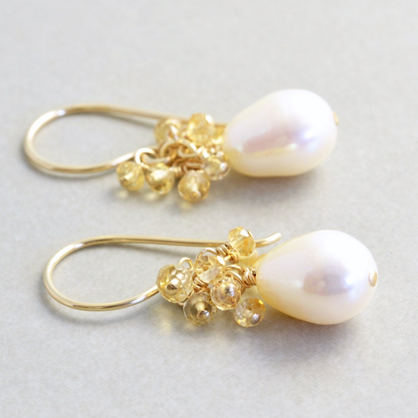 Pearl Dangle Earrings, Citrine Cluster Earrings, June Birthstone Jewelry