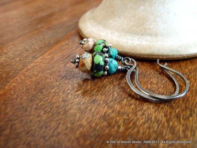 Earrings, Lovely Moments, Natural Turquoise, Sterling Silver, Artisan Earwires, Apple Green Spots, Faceted Loveliness