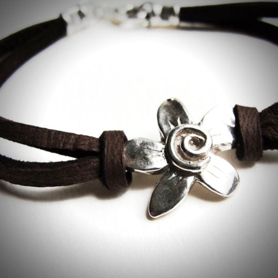 Sterling Spiral Fleur on Leather bracelet
