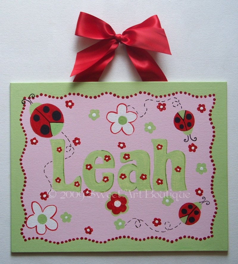 Ladybug Red Green Pink Gingham CUSTOM canvas letter name sign wall art handpainted GIRLflowers dots