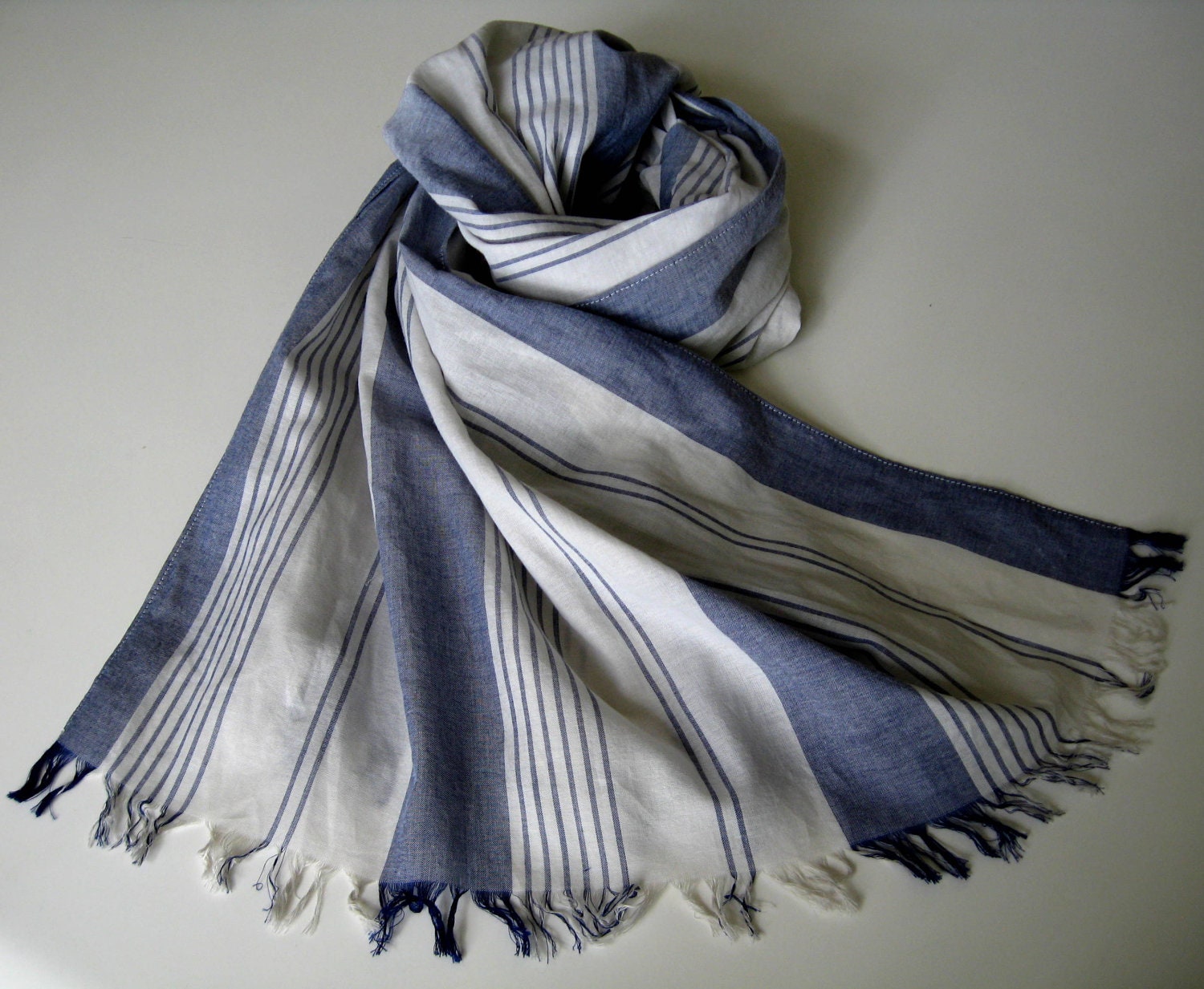 blue/white striped long cotton scarf with fringe for women free shipping - betsybdesign