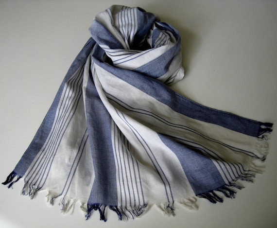 blue/white striped long cotton scarf with fringe for women