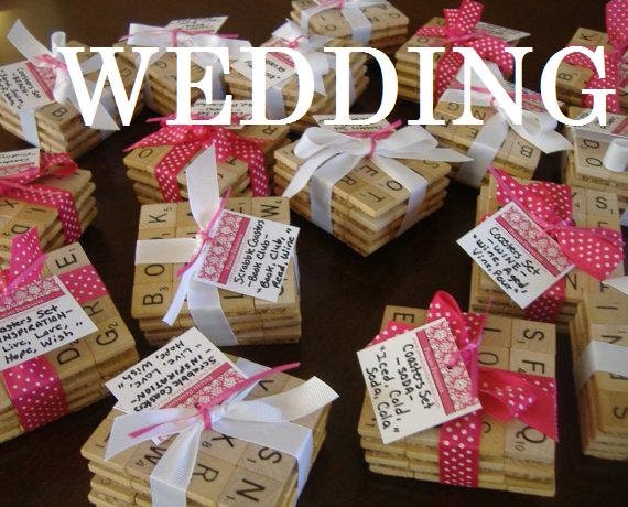 50 Scrabble Coasters - WEDDING FAVORS - CHOOSE Your Words - Custom Party Favors