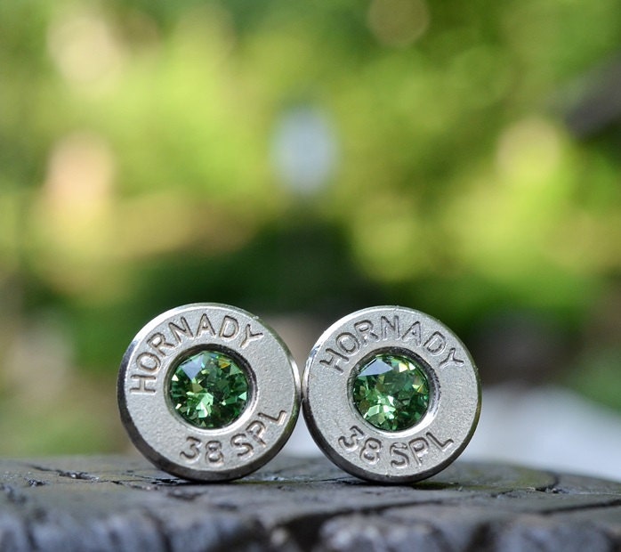 Bullet Earrings stud or post, nickel silver Hornady .38 special with Swarovski crystals